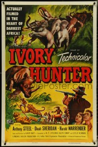 5b1148 IVORY HUNTER 1sh 1952 cool art of big game hunters, rhinoceros & elephants in darkest Africa!