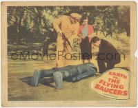 5b0809 EARTH VS. THE FLYING SAUCERS LC 1956 Hugh Marlowe & others stand over robot, Ray Harryhausen!