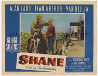 5b0874 SHANE LC #5 1953 best card in set, Alan Ladd in buckskin on horseback with Brandon de Wilde!