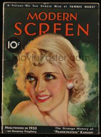 5b0655 MODERN SCREEN magazine February 1933 Bette Davis cover, Karloff in History of Frankenstein!