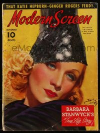 5b0654 MODERN SCREEN magazine November 1937 great cover art of Marlene Dietrich by Earl Christy!