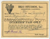 5b1399 RKO RADIO PICTURES studio interview pass 1934 access to office of someone you will interview!