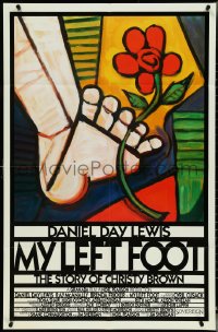 5b1228 MY LEFT FOOT int'l 1sh 1989 Daniel Day-Lewis, cool artwork of foot w/flower by Seltzer!