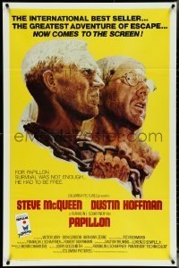 5b1257 PAPILLON 1sh 1974 prisoners Steve McQueen & Dustin Hoffman by Tom Jung, Columbia Pictures!