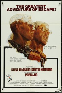 5b1256 PAPILLON 1sh 1973 prisoners Steve McQueen & Dustin Hoffman by Tom Jung, Allied Artists!