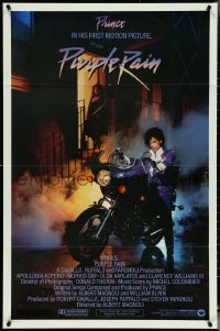 5b1269 PURPLE RAIN int'l 1sh 1984 Prince riding motorcycle, in his first motion picture!