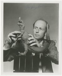 5b0209 RAY HARRYHAUSEN signed 8x10 REPRO photo 1980s w/ the dinosaur from The Animal World!