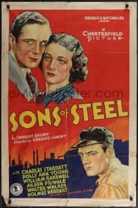 5b1313 SONS OF STEEL 1sh 1934 art of Charles Starrett & Polly Ann Young over steel mill, ultra rare!