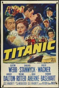 5b1345 TITANIC 1sh 1953 great artwork of Clifton Webb, Barbara Stanwyck & legendary ship!