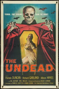 5b1357 UNDEAD 1sh 1957 Albert Kallis art of huge skeleton & sexy Pamela Duncan, Roger Corman!