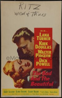 5b0331 BAD & THE BEAUTIFUL WC 1953 close up art of Kirk Douglas manhandling sexy Lana Turner!