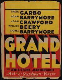 5b0346 GRAND HOTEL Tooker Litho WC 1932 Garbo, Barrymores, Crawford, cool deco design, very rare!