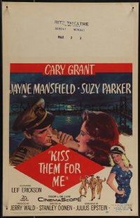 5b0360 KISS THEM FOR ME WC 1957 romantic art of Cary Grant & Suzy Parker, plus sexy Jayne Mansfield!