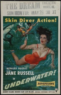 5b0387 UNDERWATER WC 1955 Howard Hughes, sexiest art of skin diver Jane Russell in red swimsuit!