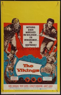 5b0388 VIKINGS WC 1958 great art of Kirk Douglas, Tony Curtis & sexy Janet Leigh + long ship!