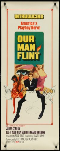 5c0425 OUR MAN FLINT insert 1966 Bob Peak art of James Coburn, sexy James Bond spy spoof!