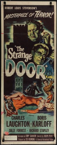 5c0435 STRANGE DOOR insert 1951 cool art of Boris Karloff, Charles Laughton & sexy Sally Forrest!