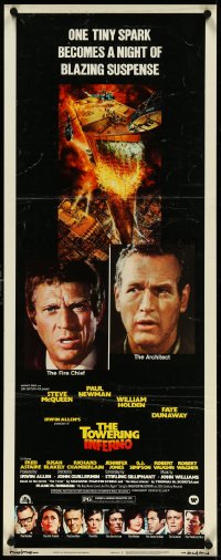 5c0437 TOWERING INFERNO insert 1974 Steve McQueen, Paul Newman, burning building by John Berkey!