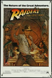 5c0808 RAIDERS OF THE LOST ARK 1sh R1982 great Richard Amsel art of adventurer Harrison Ford!