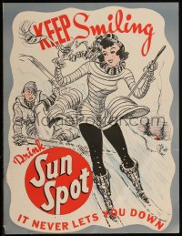 5c0378 SUN SPOT 17x22 soda advertising poster 1950s woman on skis waving at knocked down man!