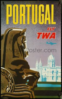 5c0165 TWA PORTUGAL 25x40 travel poster 1960s Monastery of Belem, silhouette art of jet aircraft!