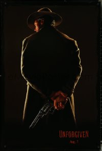 5c0914 UNFORGIVEN teaser DS 1sh 1992 image of gunslinger Clint Eastwood w/back turned, dated design!