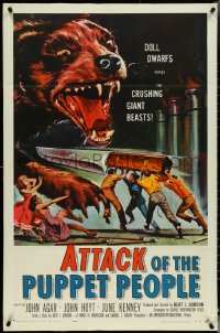 5f0622 ATTACK OF THE PUPPET PEOPLE 1sh 1958 Brown art of tiny people with knife attacking dog!