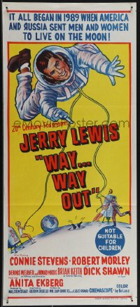 5f0213 WAY WAY OUT Aust daybill 1966 art of astronaut Jerry Lewis sent to live on the moon in 1989!