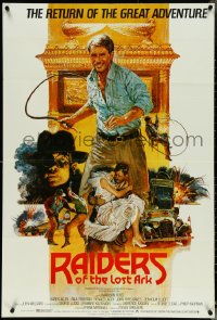 5f0124 RAIDERS OF THE LOST ARK English 1sh R1982 great Brian Bysouth art of adventurer Harrison Ford!