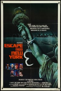 5f0757 ESCAPE FROM NEW YORK advance 1sh 1981 Carpenter, art of handcuffed Lady Liberty by Stan Watts!