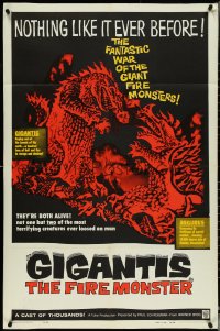 5f0808 GIGANTIS THE FIRE MONSTER 1sh 1959 cool art of Godzilla breathing flames at Angurus!