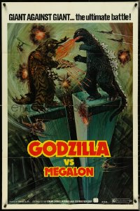 5f0810 GODZILLA VS. MEGALON 1sh 1976 great Dippel art of monsters battling on Twin Towers!