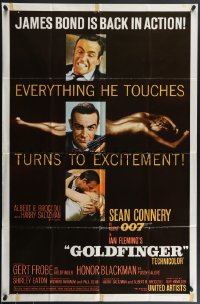 5f0813 GOLDFINGER 1sh 1964 three images of Sean Connery as James Bond 007 with a glossy finish!