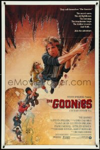 5f0815 GOONIES int'l 1sh 1985 wonderful Drew Struzan art of top cast hanging from stalactite!