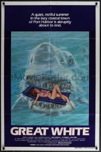 5f0817 GREAT WHITE 1sh 1982 great artwork of huge shark attacking girl in bikini on raft!