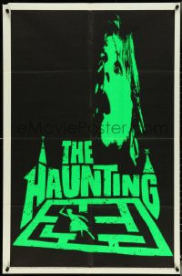 5f0828 HAUNTING teaser 1sh 1963 cool day-glo art of scared Julie Harris over the title and maze!