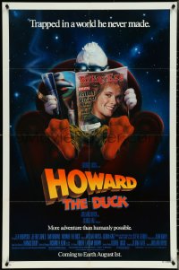 5f0844 HOWARD THE DUCK advance 1sh 1986 George Lucas, art of him reading magazine w/Lea Thompson!