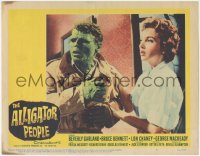 5f0232 ALLIGATOR PEOPLE LC #5 1959 close up of sexy Beverly Garland trying to hide the monster!