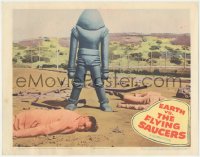 5f0278 EARTH VS. THE FLYING SAUCERS LC 1956 best image of alien robot standing over dead men!