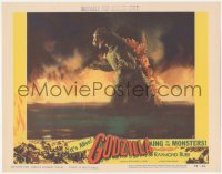 5f0301 GODZILLA LC #7 1956 cool c/u of the Gojira in water by flames, Toho rubbery monster classic!