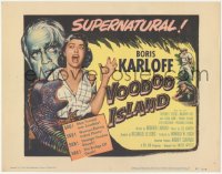 5f0418 VOODOO ISLAND TC 1957 Boris Karloff, art of woman-eating cobra plant attacking girl!