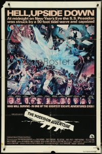 5f1005 POSEIDON ADVENTURE int'l 1sh 1972 art of Gene Hackman & cast escaping by Mort Kunstler!