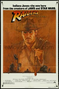 5f1014 RAIDERS OF THE LOST ARK 1sh 1981 great art of adventurer Harrison Ford by Richard Amsel!