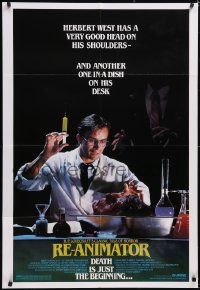 5f1018 RE-ANIMATOR 1sh 1985 great image of mad scientist Jeffrey Combs w/severed head in bowl!