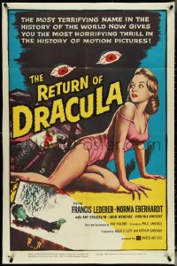 5f1021 RETURN OF DRACULA 1sh 1958 great art of sexy woman being watched by creepy vampire eyes!