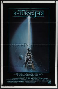 5f1022 RETURN OF THE JEDI 1sh 1983 Star Wars, great art of hands holding lightsaber by Tim Reamer!