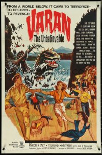 5f1147 VARAN THE UNBELIEVABLE 1sh 1962 art of wacky dinosaur with hands destroying civilization!