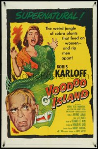 5f1154 VOODOO ISLAND 1sh 1957 Boris Karloff, art of woman-eating cobra plant attacking girl!