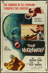 5f1162 WEREWOLF 1sh 1956 two great wolf-man horror images, it happens before your horrified eyes!