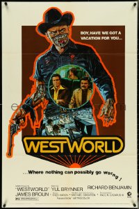 5f1163 WESTWORLD 1sh 1973 Crichton, Adams, nothing can possibly go worng, no shadow tagline design!